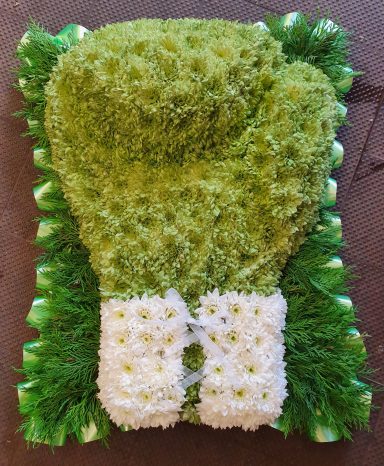 A boxing glove based in green and white double chrysanthemums.